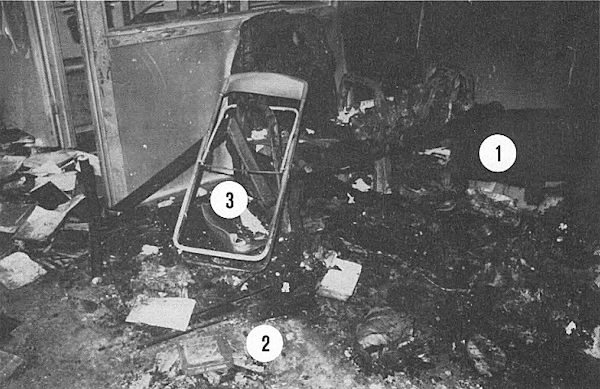 Palopaikka 'puhuu' tutkijalle. 1. sohvan jäänteitä, 2. kaasusytytin ja 3. kuumuudessa sulanut bensiinikanisteri..jpg