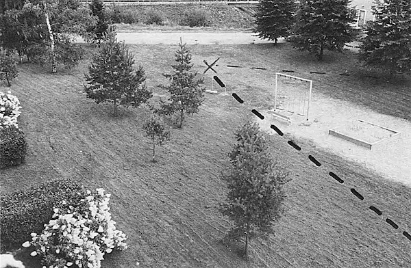 Viljo ja huoltomies kohtasivat ristillä merkityssä paikassa. Huoltomies lähti pakoon takananäkyviä puita kohti ja Viljo taas etuviistoon.jpg