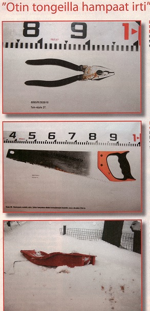 Tongeilla revittiin hampaat irti. Sahalla paloiteltiin uhri kuuteen osaan. Pulkalla vedettiin ruumiskasseja. Kuvat etpk/Alibi 6/2010