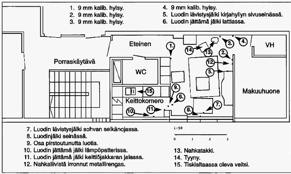 Pohjapiirros Kurvisten asunnosta. Asunnossa tehdyt havainnot poliisin suorittaman teknisen tutkinnan mukaisesti numeroituna.jpg