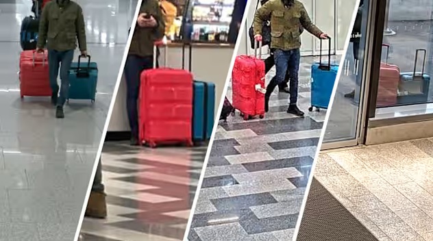 Helsinki-Vantaan lentoaseman valvontakamerakuvissa näkyy, miten kuriiri kulkee matkalaukkujen kanssa aseman läpi ja luovuttaa ne ulkona odottaneelle henkilölle. Kuva: Poliisi