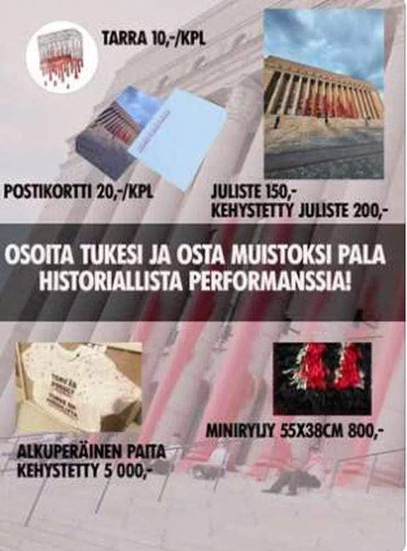 Elokapinan mediavastaava perustelee 5 000 euroa maksavan t-paidan hintaa sillä, että kyseessä on uniikki tuote, joka tulee jäämään osaksi suomalaista poliittista historiaa. Kuvankaappaus joukkorahoituspalvelun verkkosivuilta .jpg