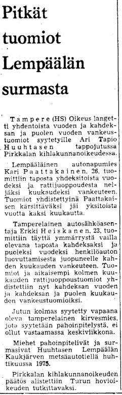 Helsingin Sanomat uutisoi Lempäälän surmajutun tuomioista perjantaina 29.7.1977.
