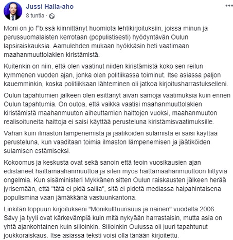 Kuvakaappaus Jussi Halla-ahon FB-sivuilta.