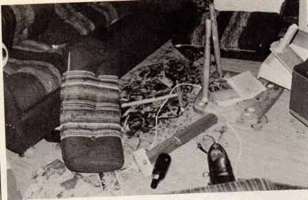 Verijälkiä olohuoneen lattialla ja sohvassa. Kuvan keskellä puutuolin jalka, jolla Lasse hakattiin päähän ja ympäri kehoa. Kuva Haminan rikospoliisi.