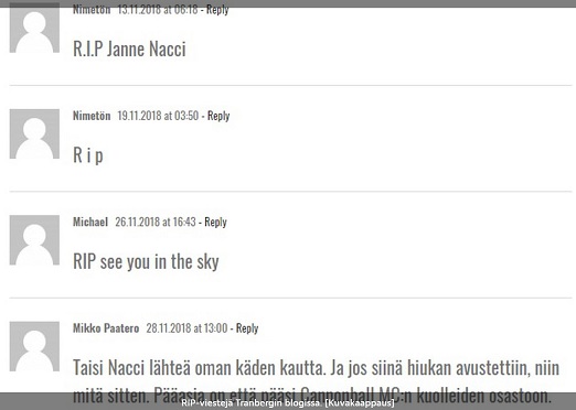 RIP-viestejä Tranbergin blogissa. KUVAKAAPPAUS