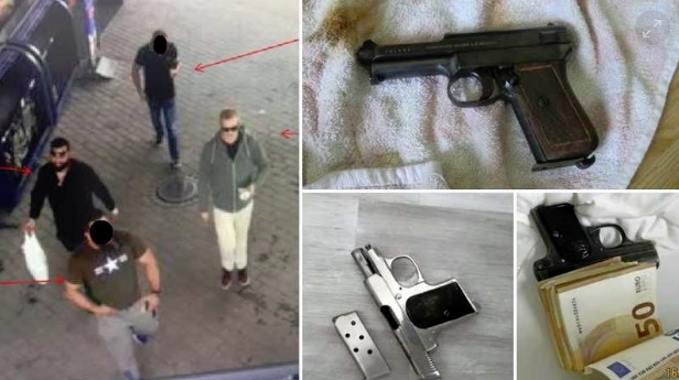 Fatahi (vas.) ja Kivelä (oik.) tallentuivat valvontakameraan eräällä huumausaineidenluovutuskerralla. Oikealla Fatahin ja Kivelän aseistusta. Kuva Aamulehti 27.3.2019.