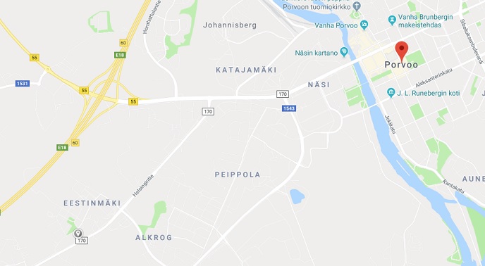 Porvoon keskustasta 3,5 kilometriä tietä 170 ja "täpän" kohdalla. Kartta googlemaps.