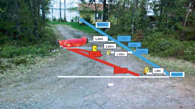 Tapahtumapaikka. Kuvassa punainen kohta tarkoittaa vainajan sijaintia. Kuva etpk, teksti Alibi 10/19.