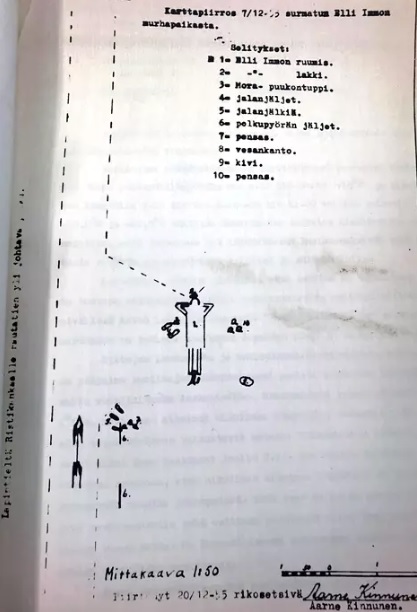 Rikosetsivän karttapiirros Elli Immon murhapaikasta on päivätty 20. joulukuuta 1955. (KUVA: SARI AUTIO / IS)