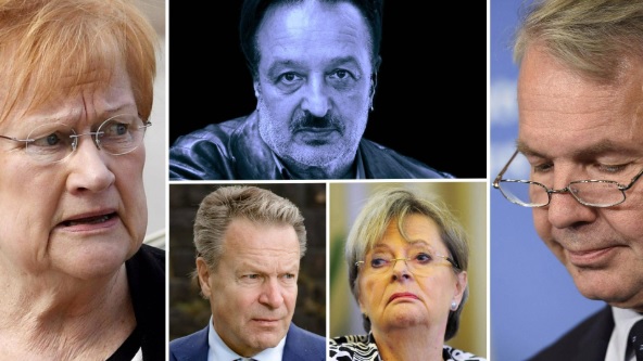 Presidentti Tarja Halonen (vas.), kansanedustaja Ilkka Kanerva, entinen europarlamentaarikko Liisa Jaakonsaari ja ulkoministeri Pekka Haavisto kommentoivat suhdettaan Veijo Baltzariin (kesk.ylh.). (KUVA: HS & LEHTIKUVA)