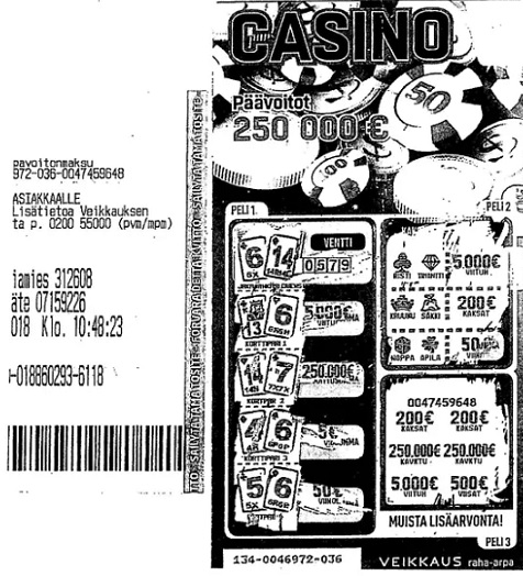Roskakorista löytyneen Casino-arvan Ventti-pelissä jakajan käden korttien yhteenlaskettu tulos oli 20 ja toisen korttiparin 21. Tämän korttiparin raaputtamatta olleen voittoruudun alta paljastui 250 000 euron päävoitto.